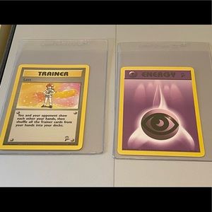2 Pokémon Base Set 2 cards: Rare Lass Trainer card + purple Psychic Energy card
